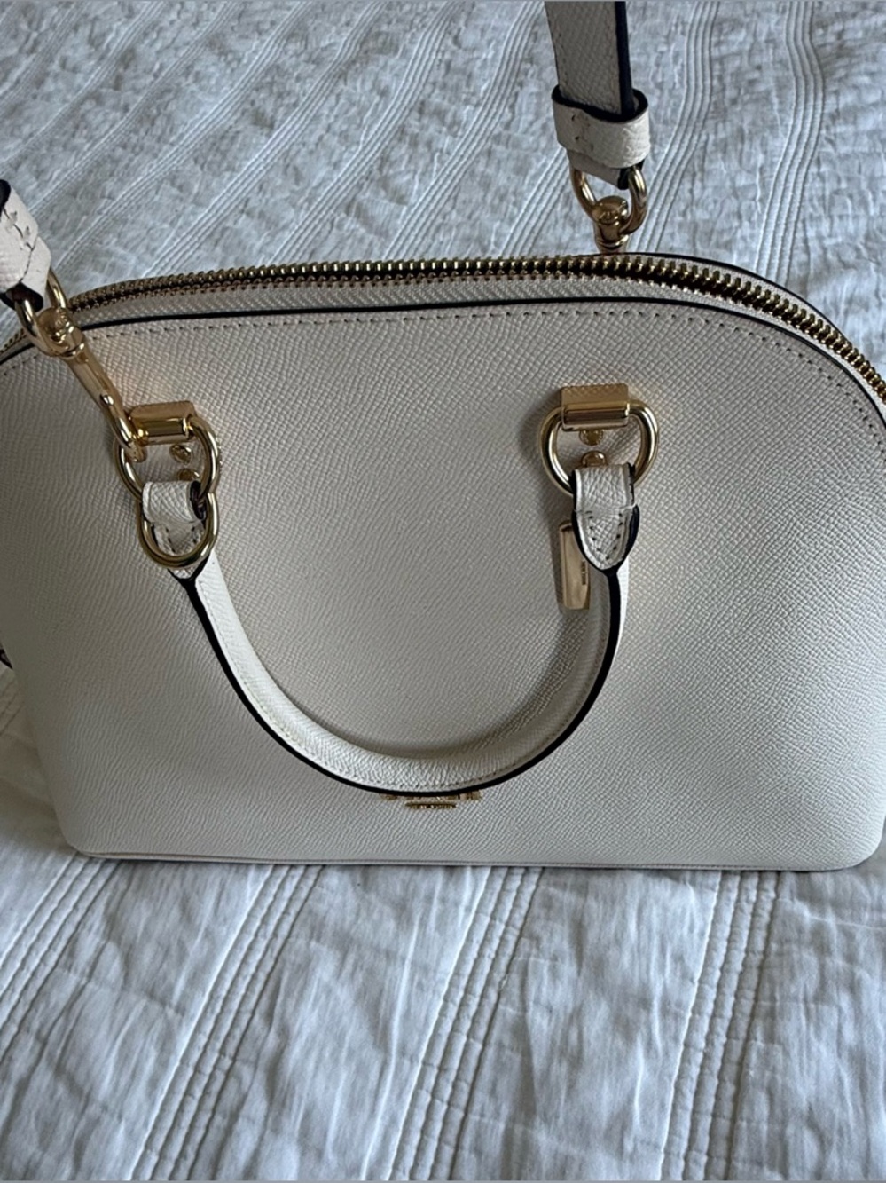 Coach Cream Saffiano Leather Top-Handle Satchel with Gold Hardware